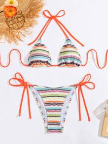 SHEIN Swim 女士吊带波浪条纹分体比基尼套装（配系带）夏季海滩 - 彩色 - 查看 1