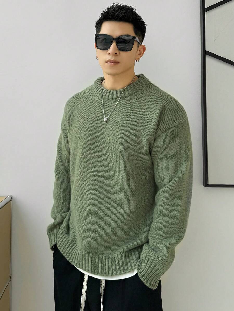 DAZY Men's Drop Shoulder Solid Color Sweater Fall,Winter - Olive Green - View 1