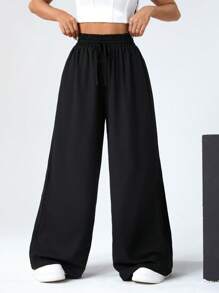 SHEIN EZwear 女士純色寬腿休閒褲 - 黑色 - 查看 3