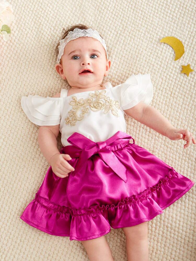 Baby Girl Ruffle Trim Off Shoulder Flower Embroidery Tank Top A-Line Skirt Set