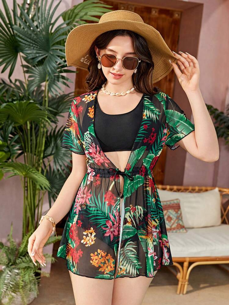 Teen Girl Tropical Plant & Floral Print Bikini Set 3pcs/Set Summer Beach