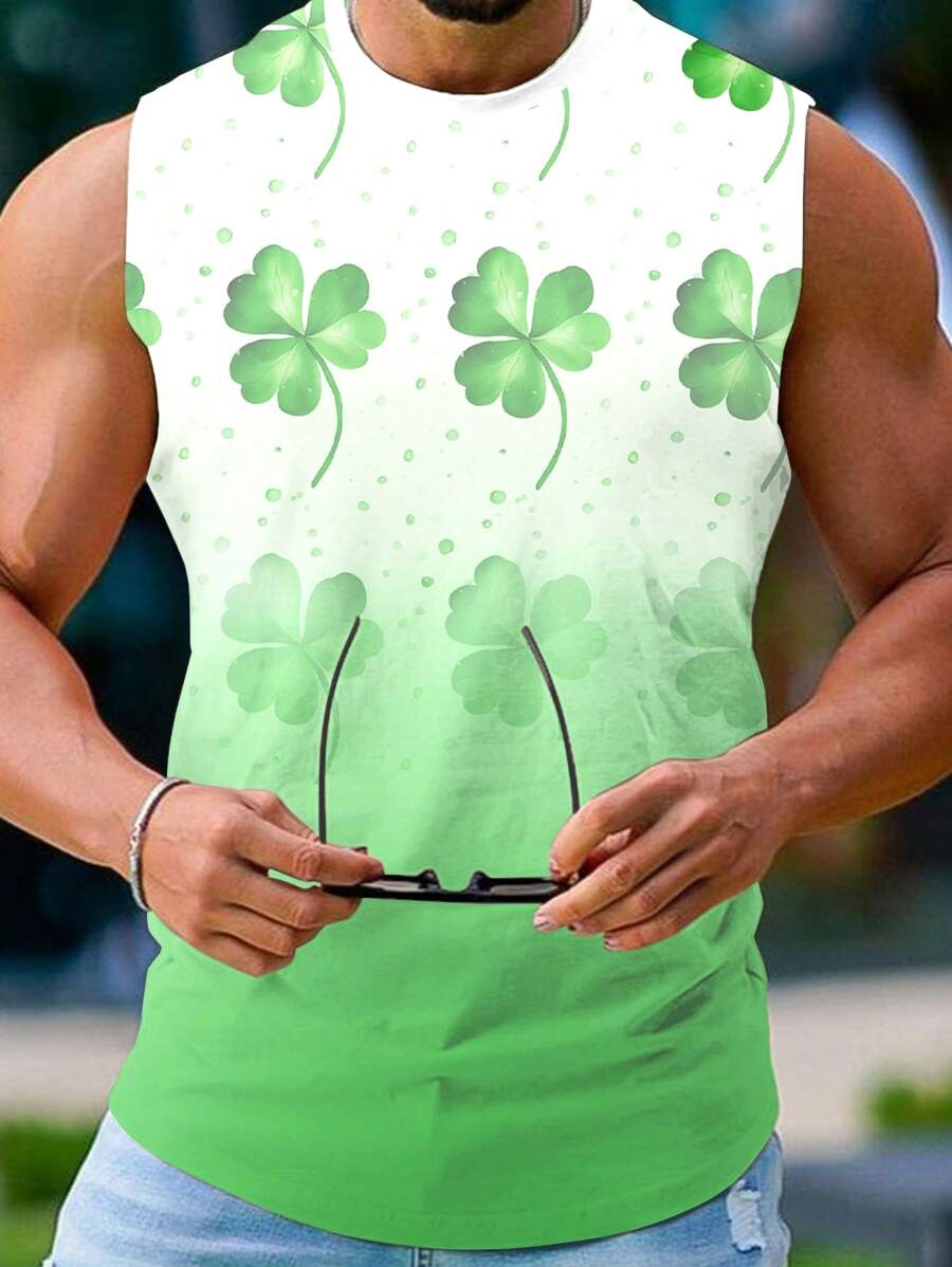 Manfinity Homme Camiseta Sin Mangas Casual Con Degradado Y Estampado De Trébol De La Suerte Para Hombres