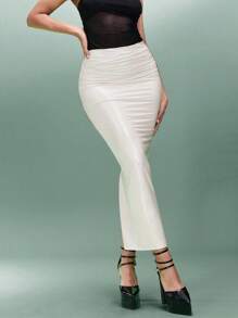 SHEIN BAE Elegant Off-White Coated Bodycon Slit Skirt For Women,Autumn Low Waist Solid Color Nude Midi Skirt,Perfect For Party,Night ,Music Festivals - Apricot - View 6