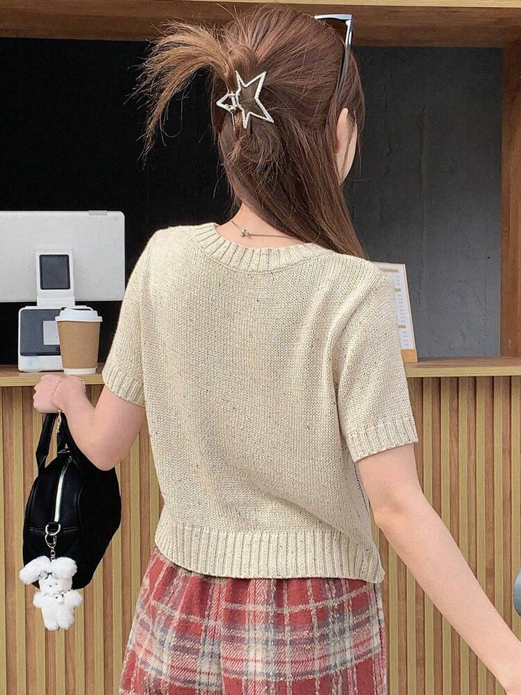 Women's Knitted Short Sleeve Round Neck Tee With Letter Jacquard Design