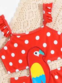 Baby Girl Polka Dot & Bird Print Applique Ruffle One-Piece Swimsuit - Multicolor - View 5