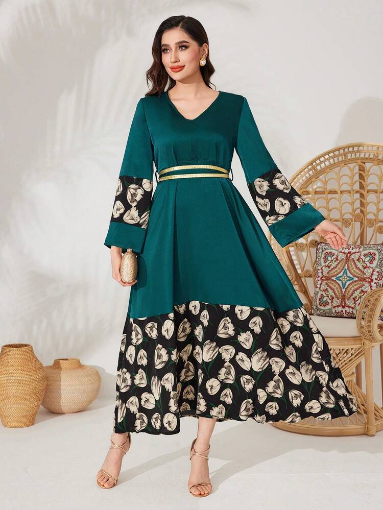 Floral Print Patchwork Bell Sleeve Dress