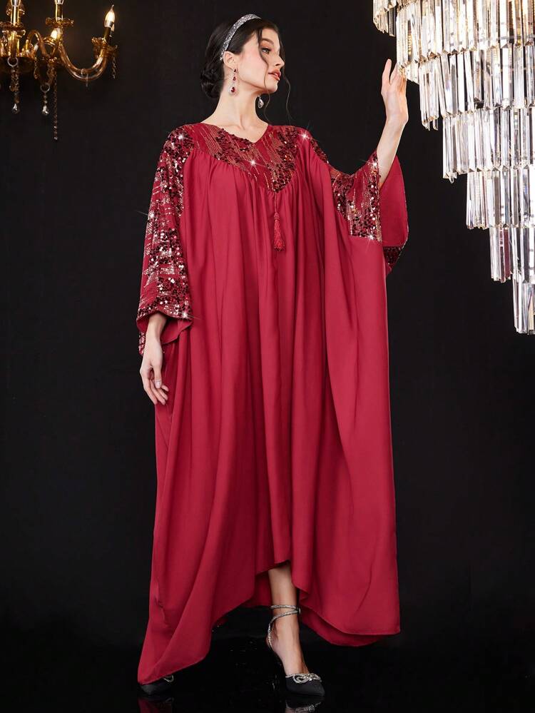 Burgundy Red Women's Kaftan With Glitter Patchwork And Tassel Decoration