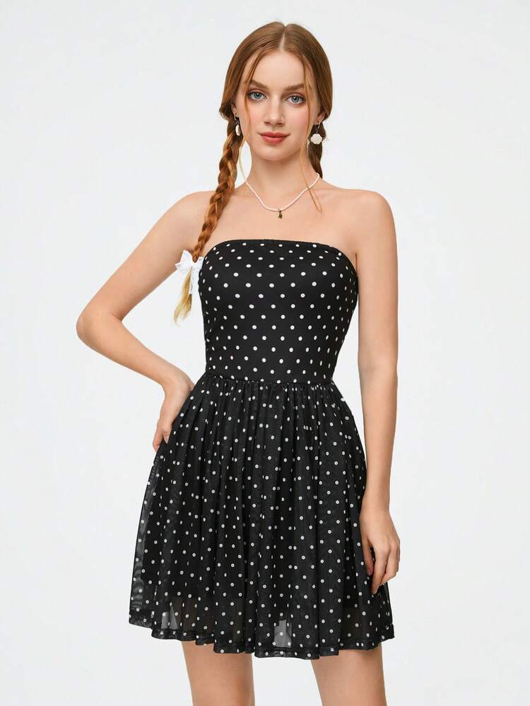 Polka Dot Strapless Casual Short Dress