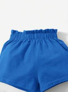 SHEIN Conjunto De Ropa De Bebé Para Niña, Top Sin Mangas Y Pantalones Cortos Con Un Solo Hombro, Color Sólido - Azul - Ver 3