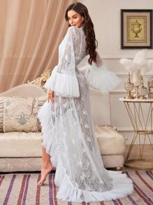 Slumberist Women's Mesh Decorated Patchwork Lace Sheer Belted Robe - White - View 4