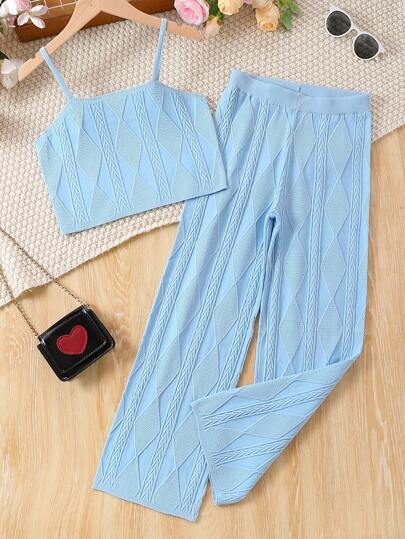 SHEIN Tween Girl Geometric Pattern Knit Cami Vest Top And Knit Pants