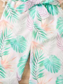 SHEIN Young Girls' Summer New Arrival Plant Printed Ruffle Trim Jumpsuit - Multicolor - View 3