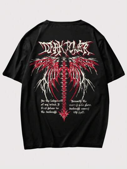 Grunge Punk Camiseta de hombre con estampado de alas y eslogan, escuela, emo