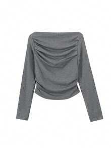 Camiseta corta casual de mujer unicolor con hombros descubiertos y plisada - Gris - Ver 3