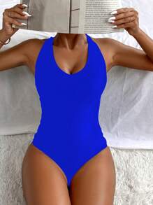 SHEIN Swim Của phụ nữ Không lưng Vượt qua Xu hướng: Cắt giảm Áo tắm một mảnh - Xanh đậm - Xem 5