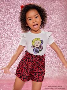 Marilyn Monroe X SHEIN Young Girl Character Pattern Ruffle Trim Tee & Paperbag Waist Short Set - White - View 5