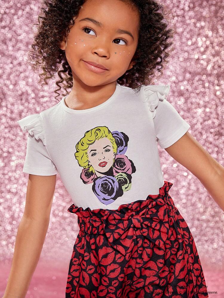 Young Girl Character Pattern Ruffle Trim Tee & Paperbag Waist Short Set