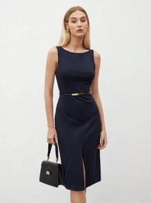 BizChic 女士圆领开衩下摆连衣裙，都市通勤商务休闲优雅派对礼服，黑色礼服适合万圣节、圣诞节、派对 - 藏蓝色 - 查看 2