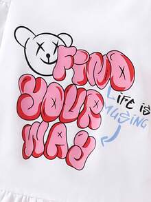 SHEIN 少女個性化有趣信件與熊印花寬鬆休閒裙 - 白色 - 查看 5