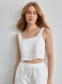 紋理方領短版家居服上衣 - 白色 - 查看 1