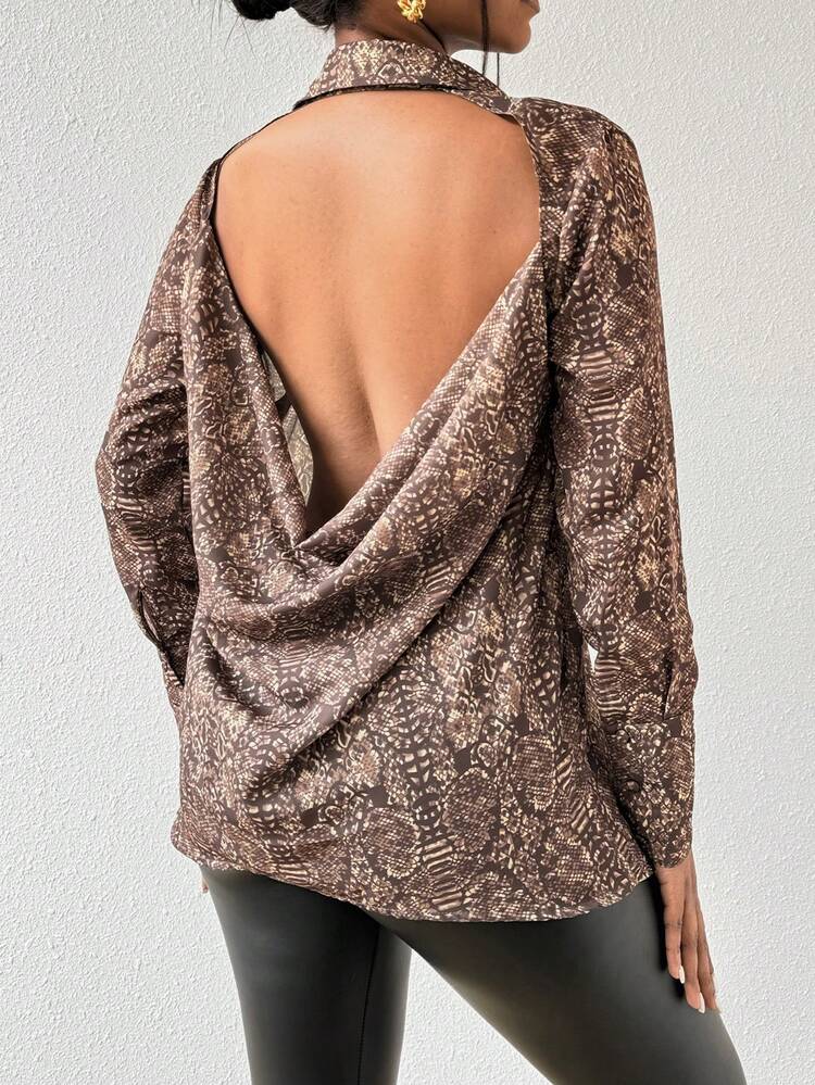 Women's Snakeskin Pattern Printed Open Back Blouse