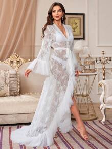 Slumberist Women's Mesh Decorated Patchwork Lace Sheer Belted Robe - White - View 7