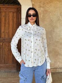 SHEIN Essnce Của phụ nữ Tay áo dài In hoa Phù hợp Áo sơ mi - trắng - Xem 3