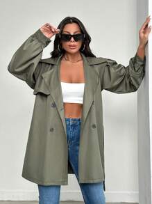 EURMUSE Drop Shoulder Double Breasted Belted Trench Coat - Army Green - View 5
