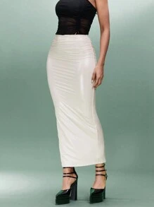 SHEIN BAE Elegant Off-White Coated Bodycon Slit Skirt For Women,Autumn Low Waist Solid Color Nude Midi Skirt,Perfect For Party,Night ,Music Festivals - Apricot - View 4