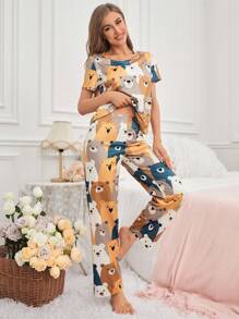 Women's Cute Bear Patterned Casual Pajama Set