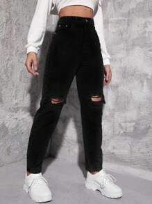 SHEIN Tall Pantalones entallados de cintura alta de mezclilla desgastada y lavada - Negro - Ver 3