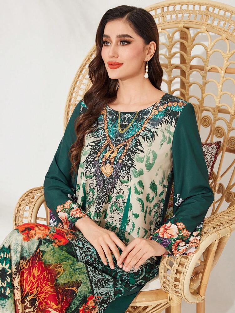 Women's Vintage Printed Long Sleeve Casual Jalabiya Dress