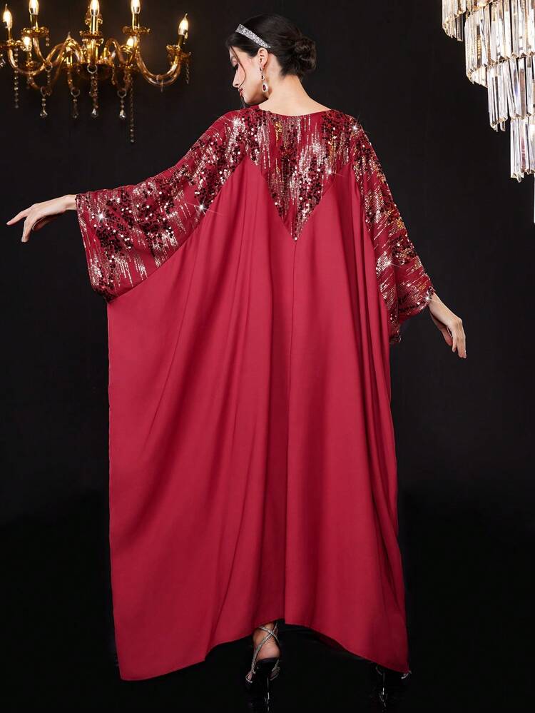 Burgundy Red Women's Kaftan With Glitter Patchwork And Tassel Decoration
