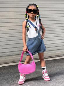 SHEIN Explorewe Young Girls' Summer Design Sense Casual Sleeveless Vest And Denim Shorts With Oblique Shoulder Strap Set - White - View 1