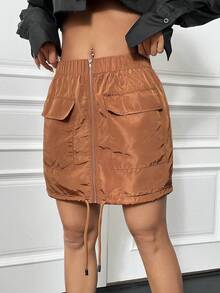 SHEIN Unity Solid Color Front Zipper Cargo Style Skirt - Khaki - View 3