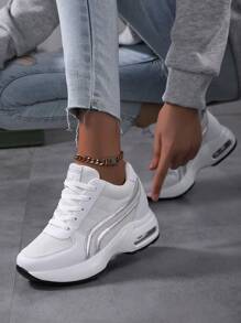 秋冬女士透气网眼厚底运动鞋，休闲系带户外鞋，女士舒适鞋 - 白色 - 查看 4