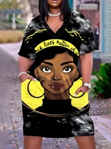 大尺碼休閒印花裙 - 黑色 - 查看 1