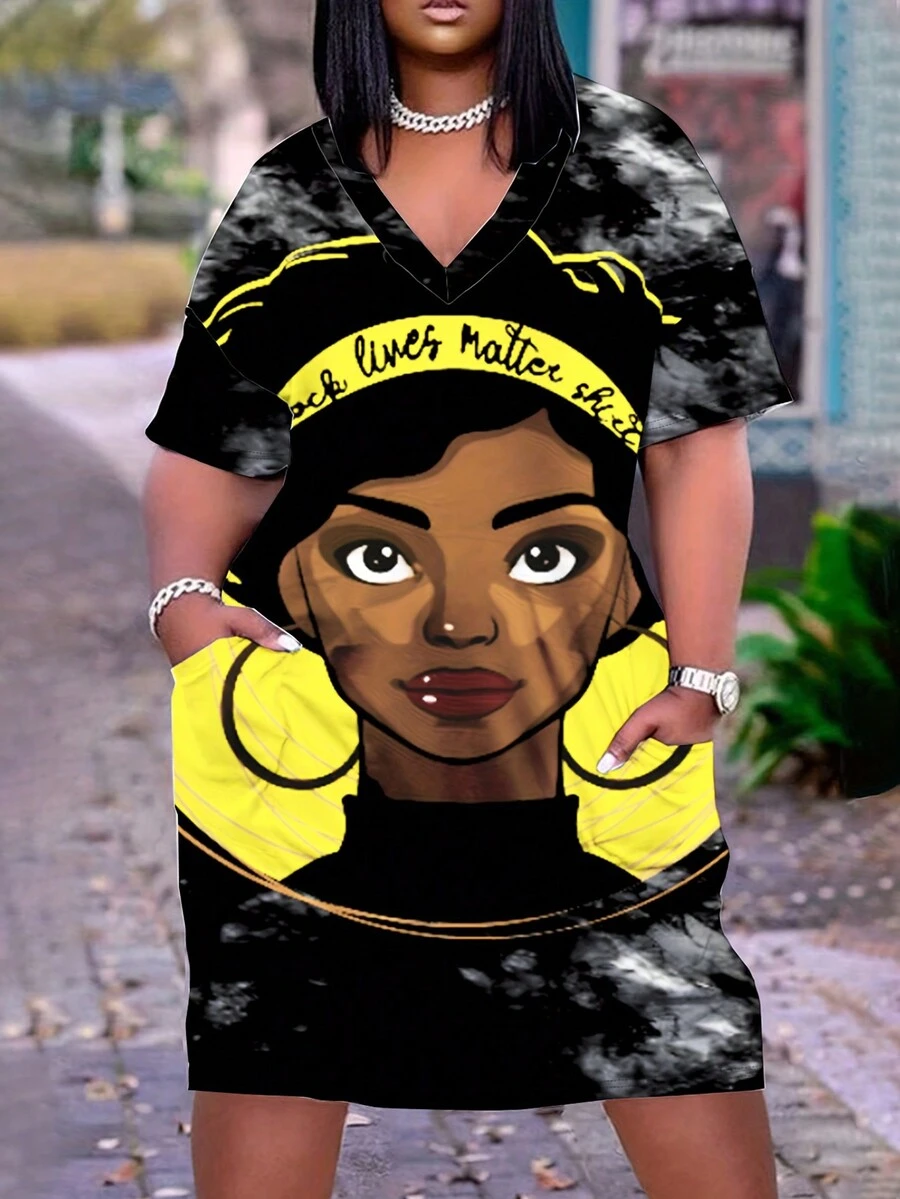 大尺碼休閒印花裙 - 黑色 - 查看 1