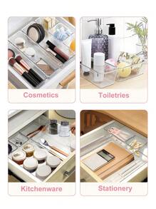 SHEIN Basic living Conjunto De 4 Cajas De Almacenamiento Organizadoras De Plástico Transparente Para Cajones, Con 4 Tamaños Disponibles Y Separadores Para Maquillaje, Joyas, Herramientas De Cocina, Dormitorio, Baño Y Suministros De Oficina - Blanco - Ver 6
