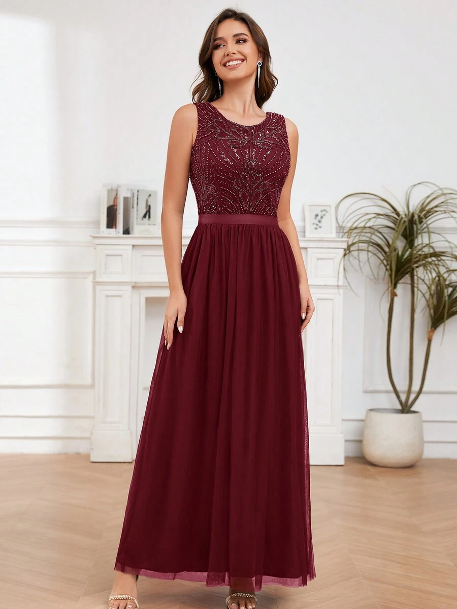 Round Neck Beaded Party  Dress Cocktail Dress - Burgundy - View 1