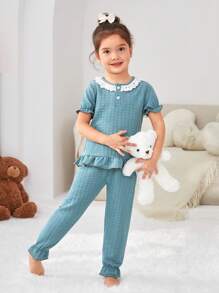 女童紋理荷葉邊泡泡袖家居服套裝