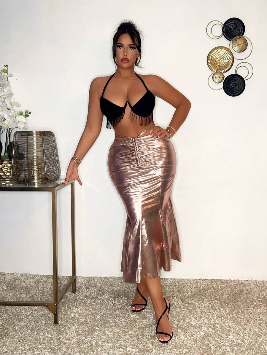 SHEIN SXY Women's Metallic Rose Gold Pleated Mermaid Skirt - Brown - View 1