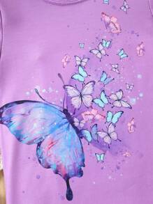 Young Girl Butterfly Printed Round Neck Short Sleeve T-Shirt