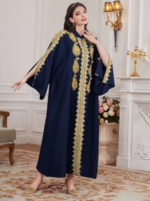 Al Najma Women's Gold Braided Belt Splice Open Sleeve Arabic Style Kaftan Dress, Elegant Evening Party Dress - Navy Blue - View 8