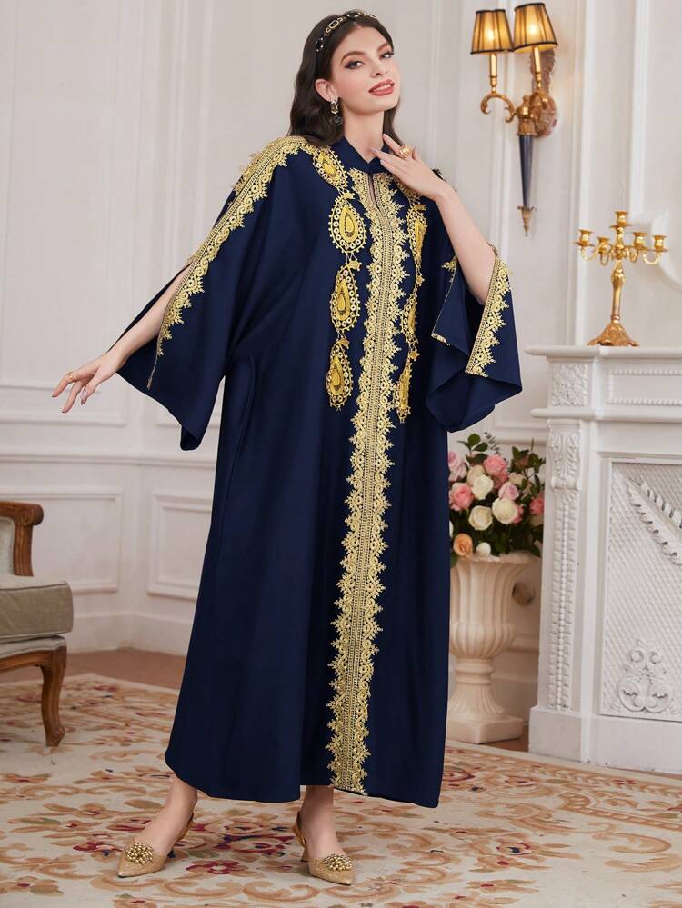 Women's Gold Braided Belt Splice Open Sleeve Arabic Style Kaftan Dress, Elegant Evening Party Dress