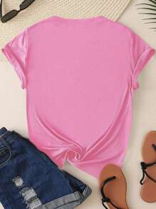 INAWLY Women's Round Neck Casual T-Shirt With Leopard Print - Pink - View 2