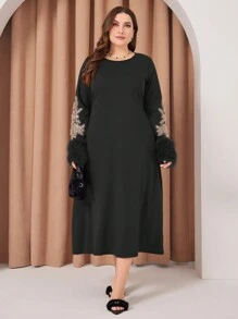 Al Najma Plus Size Round Neck Lantern Sleeve Dress - Black - View 1