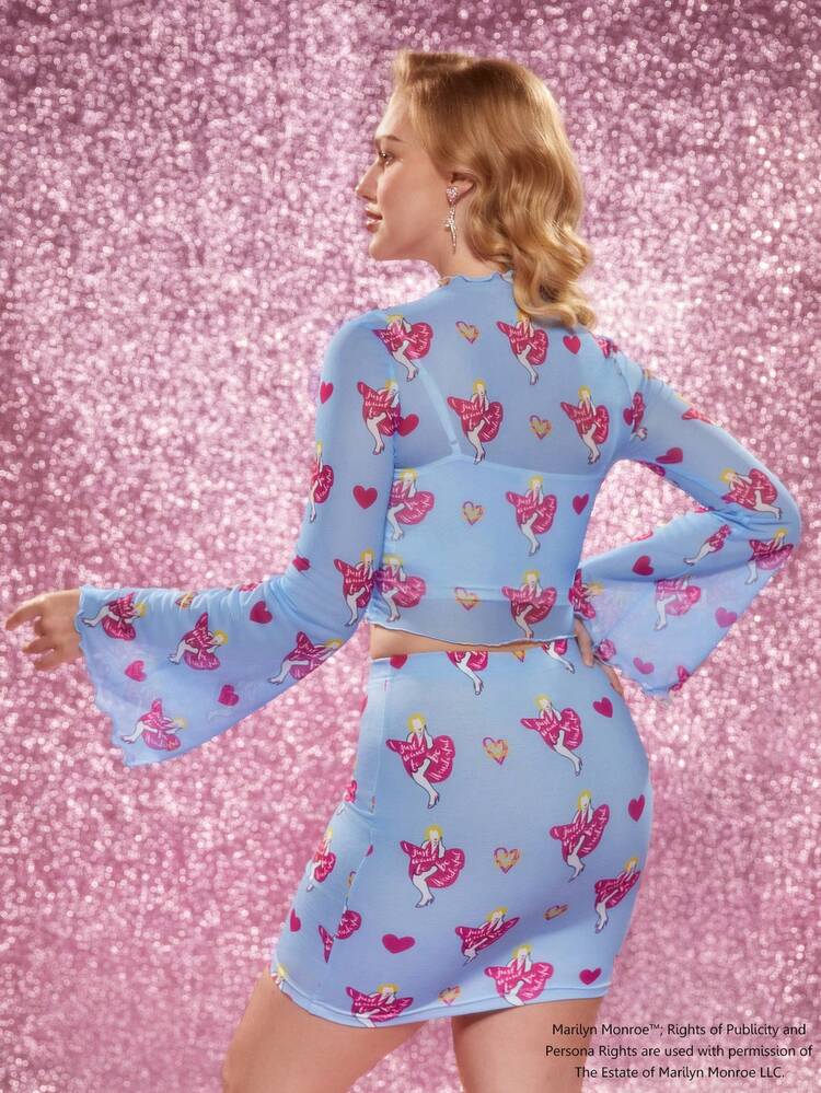 Character And Heart Print Flared Sleeve Lettuce Trim Two-Piece Set