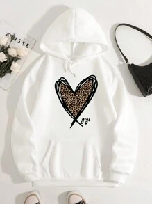 SHEIN EZwear 女士豹紋和心形印花帽衫 - 白色 - 查看 3