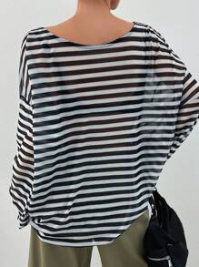 DAZY 女式不对称领条纹长袖上衣，返校服 - 黑與白 - 查看 2